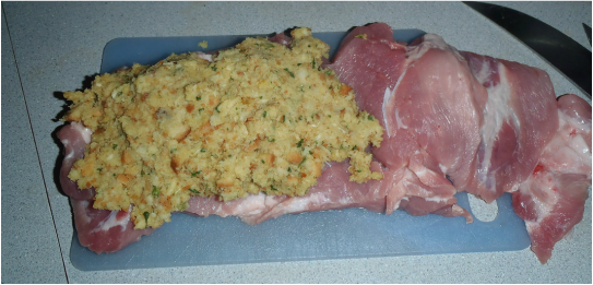 untied boneless pork roast split in half and stuffed with stuffing