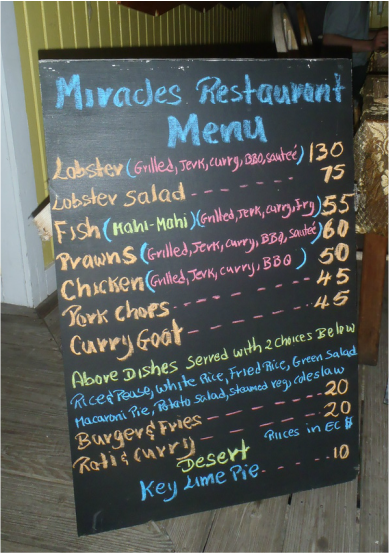 Miracle's South Coast Restaurant Menu Picture