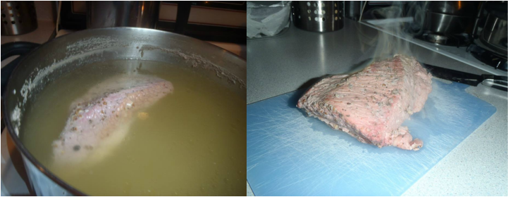 Split Picture, side A, corned beef brisket boiled in pot, side b, corned beef brisket cooling on a cutting board