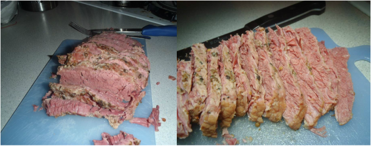 Split Picture, two photos showing cooked and sliced corned beef brisket