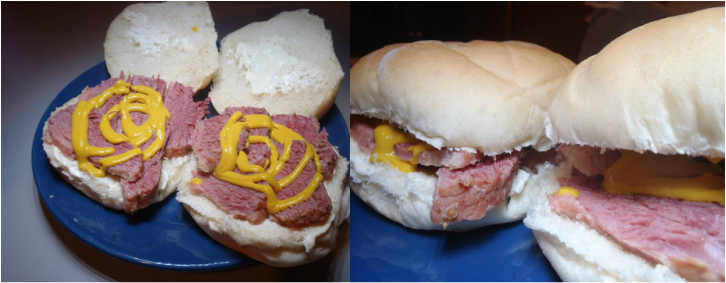 Split Picture, photos of cooked and sliced corned beef brisket on a kaiser bun