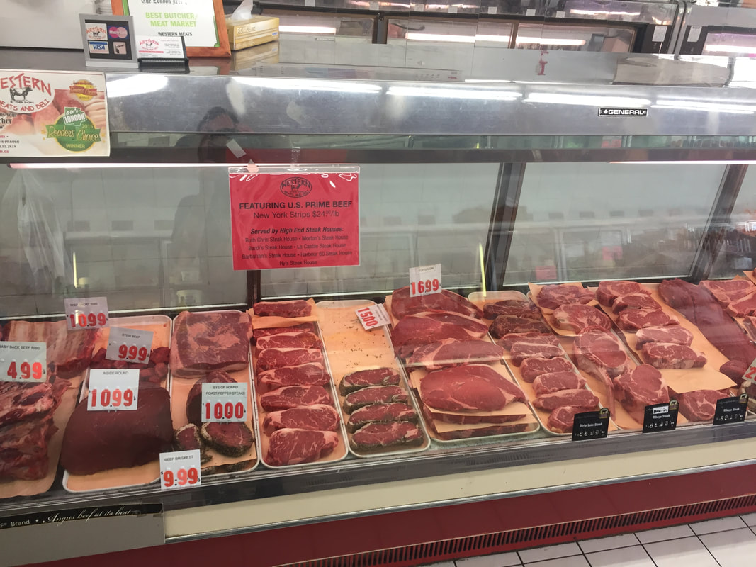Beef in the meat counter at the butcher shop 