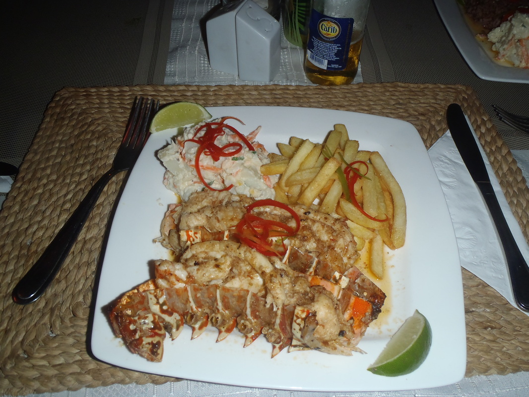 Lobster, french fries and potato salad from Miracle's South Coast Restaurant in Antigua Picture