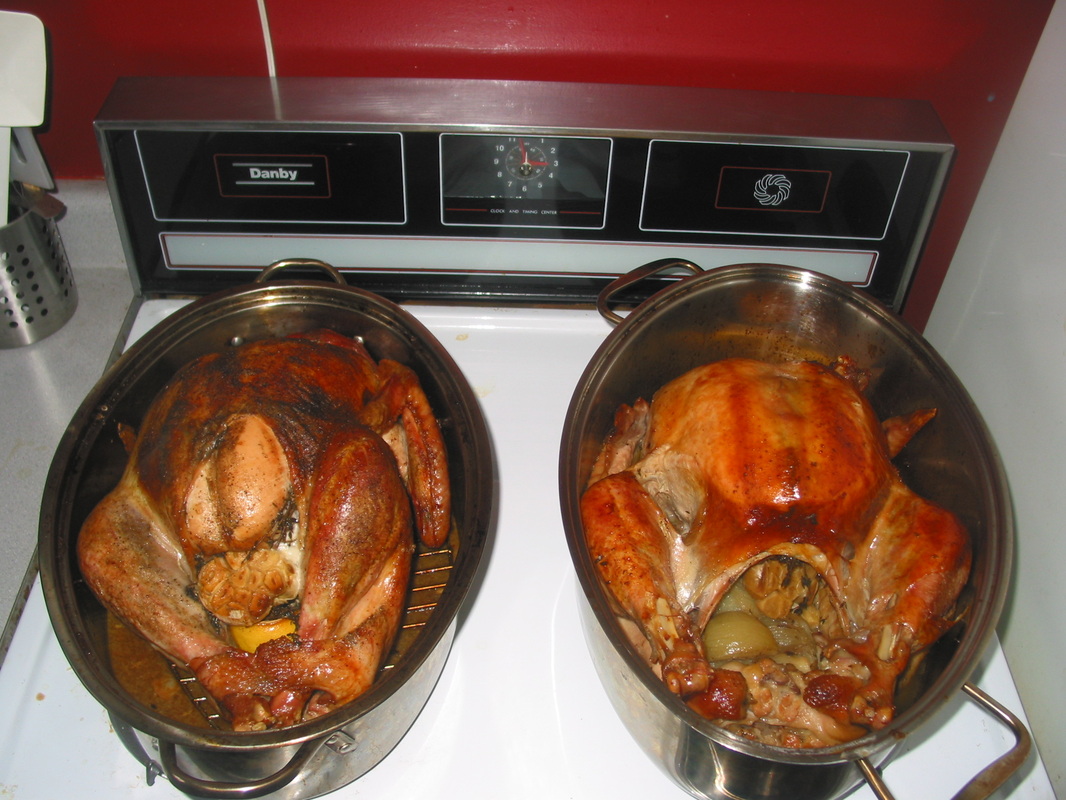 Two cooked turkey's on the stove top